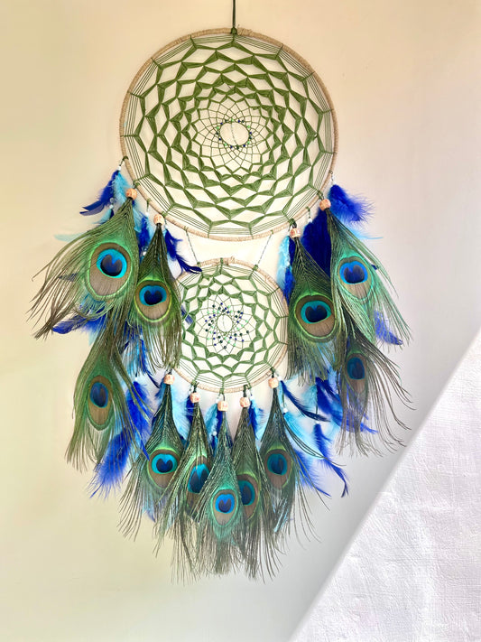 Two-Layered Vibrant Peacock Feather Dreamcatcher