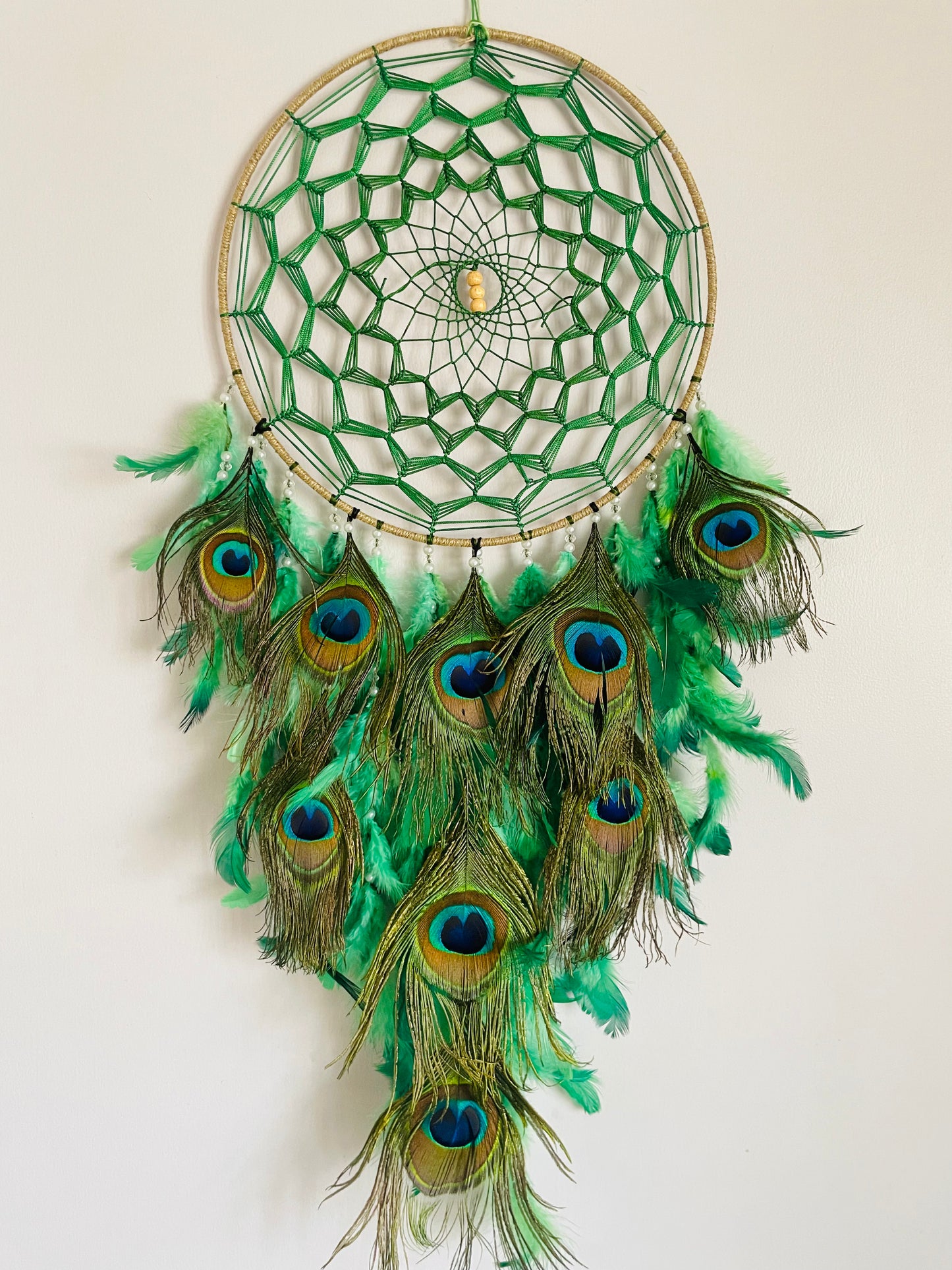 Greenish Peacock Feather Dreamcatcher